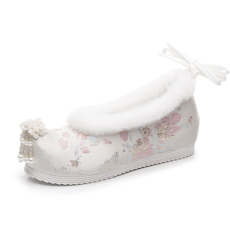 Zimske Hanfu cipele za žene, kineski Ming stil, platnene cipele s vezicama, niski gornji dio, umjetna pliš, potplat od tele tendon, visina peta 3-5 cm