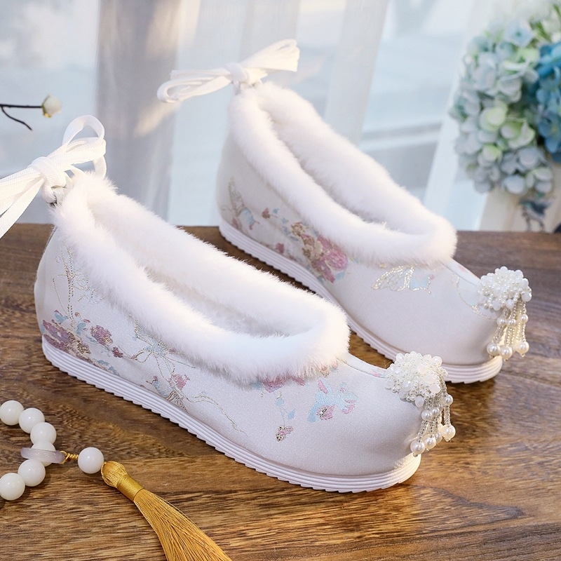 Zimske Hanfu cipele za žene, kineski Ming stil, platnene cipele s vezicama, niski gornji dio, umjetna pliš, potplat od tele tendon, visina peta 3-5 cm