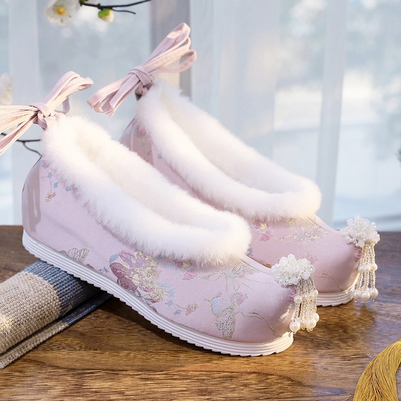 Zimske Hanfu cipele za žene, kineski Ming stil, platnene cipele s vezicama, niski gornji dio, umjetna pliš, potplat od tele tendon, visina peta 3-5 cm