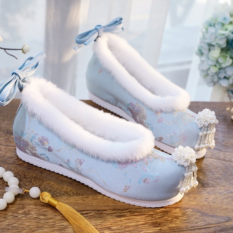 Zimske Hanfu cipele za žene, kineski Ming stil, platnene cipele s vezicama, niski gornji dio, umjetna pliš, potplat od tele tendon, visina peta 3-5 cm