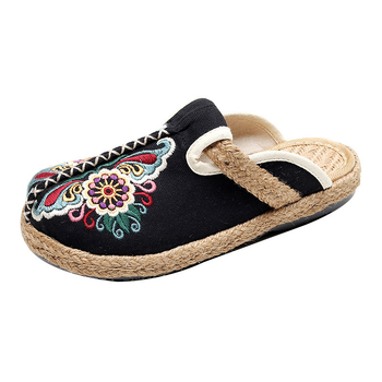 Ženske platnene cipele s izvezenim detaljima, retro stil, gornji dio od pamuka i lana, TPR potplat, niski potpetica 1–3 cm, okrugli vrh, plitak otvor
