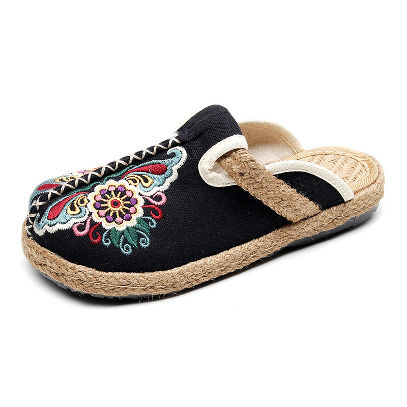 Ženske platnene cipele s izvezenim detaljima, retro stil, gornji dio od pamuka i lana, TPR potplat, niski potpetica 1–3 cm, okrugli vrh, plitak otvor