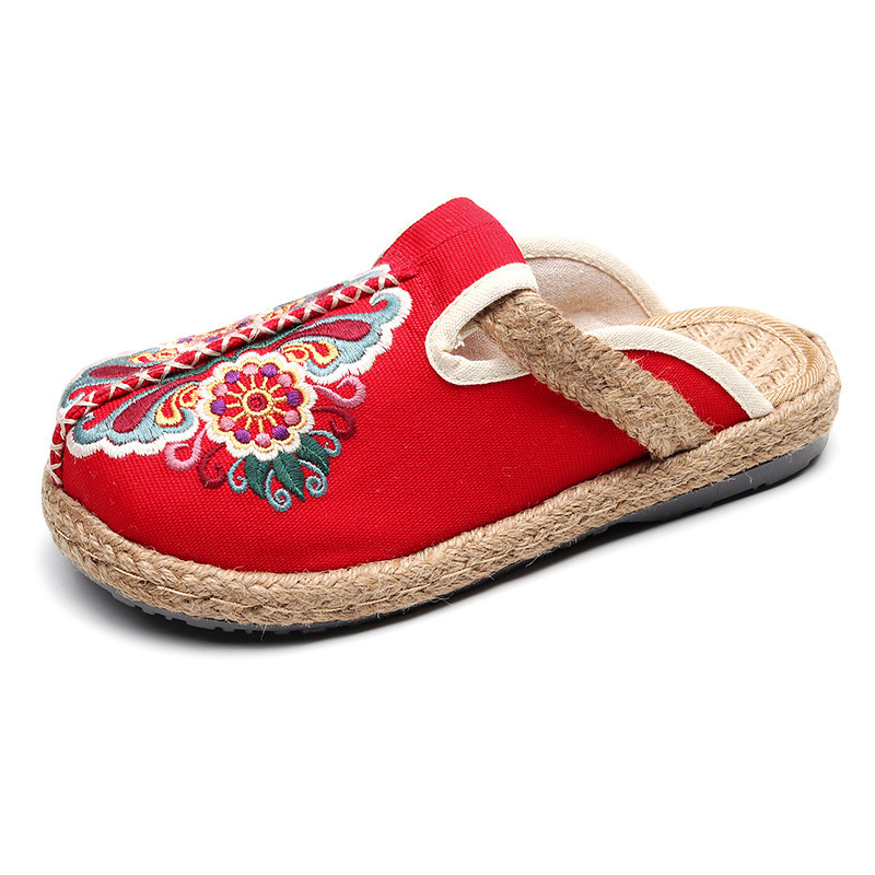Ženske platnene cipele s izvezenim detaljima, retro stil, gornji dio od pamuka i lana, TPR potplat, niski potpetica 1–3 cm, okrugli vrh, plitak otvor