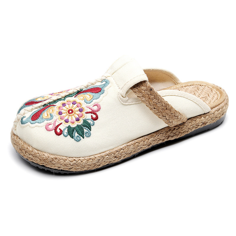 Ženske platnene cipele s izvezenim detaljima, retro stil, gornji dio od pamuka i lana, TPR potplat, niski potpetica 1–3 cm, okrugli vrh, plitak otvor
