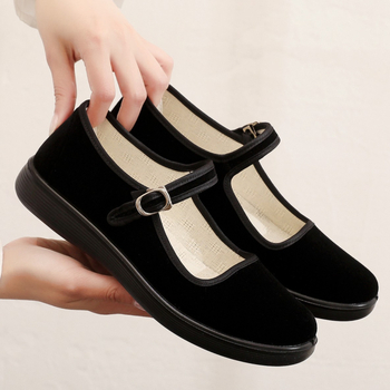 Дамски обувки от велветено платно за хотелски персонал, нехлъзгаща се пластмасова подметка, подплата от мрежа и закопчаване с катарама в една линия