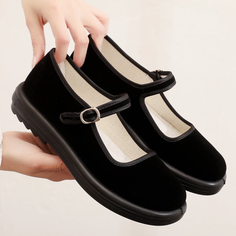 Дамски обувки от велветено платно за хотелски персонал, нехлъзгаща се пластмасова подметка, подплата от мрежа и закопчаване с катарама в една линия