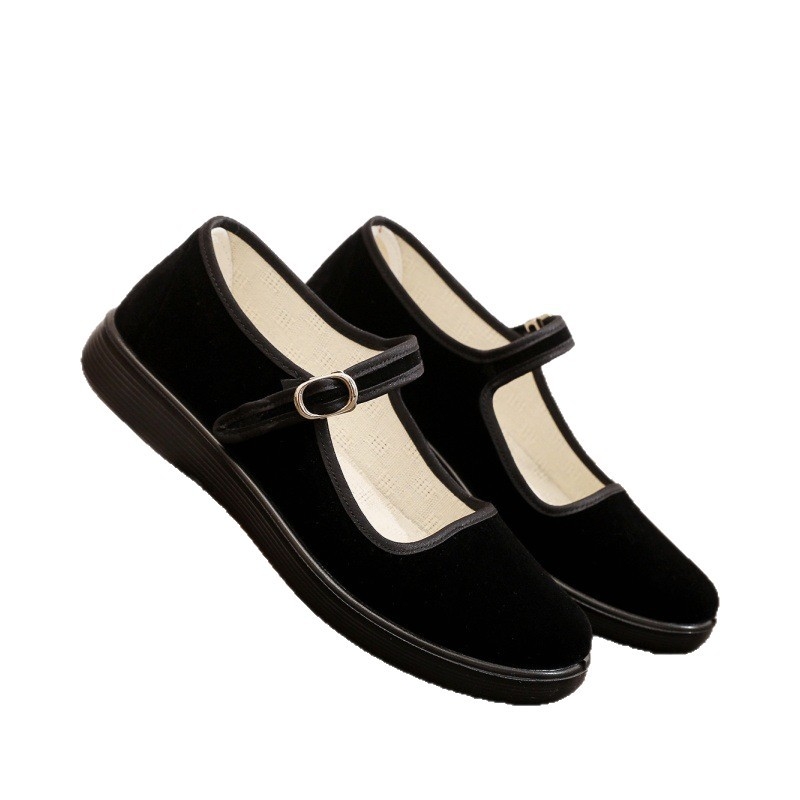 Дамски обувки от велветено платно за хотелски персонал, нехлъзгаща се пластмасова подметка, подплата от мрежа и закопчаване с катарама в една линия