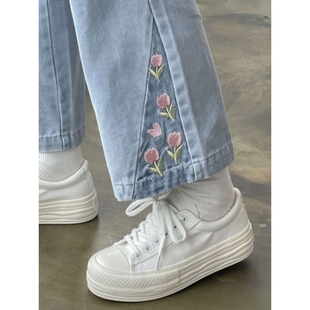 Женски платнени обувки в японски стил, нисък връх, връзки, гумена подметка