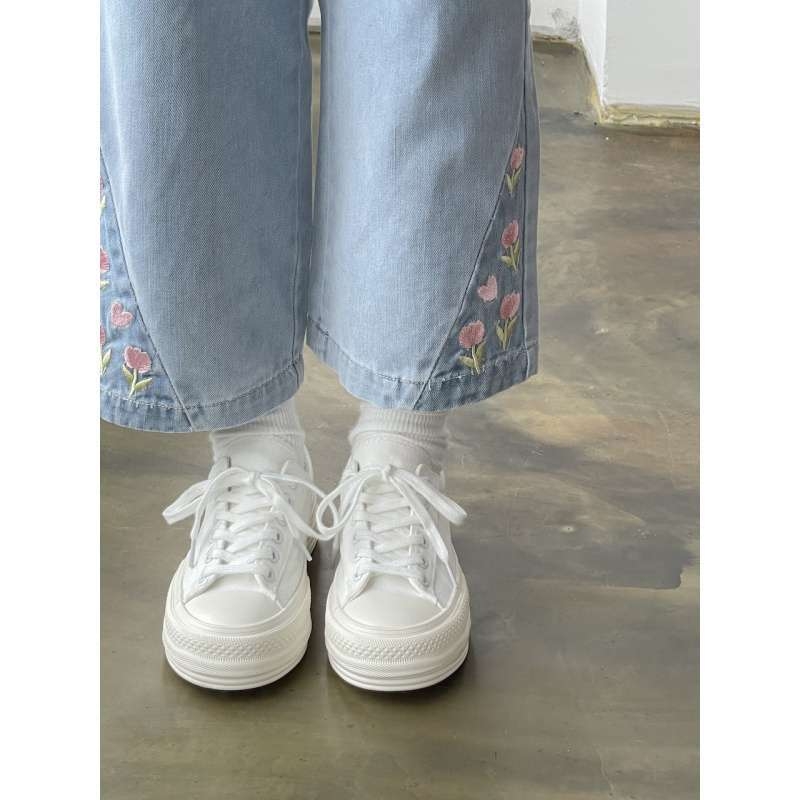 Женски платнени обувки в японски стил, нисък връх, връзки, гумена подметка