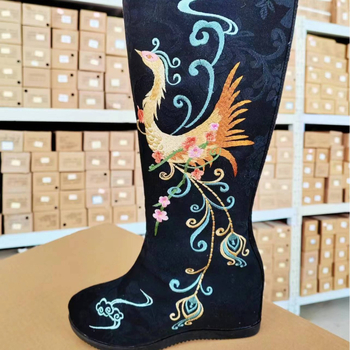 Дълги ботуши от плат с бродерия, етнически стил, страничен цип, подплата от памук, висока горна част