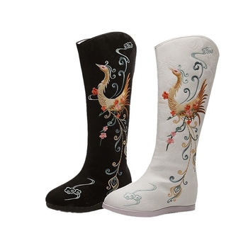 Дълги ботуши от плат с бродерия, етнически стил, страничен цип, подплата от памук, висока горна част