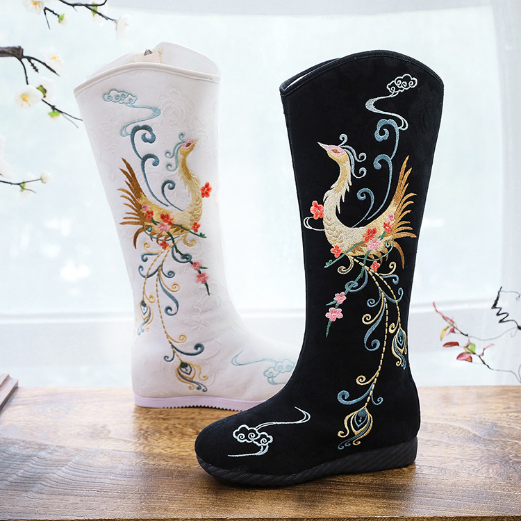Дълги ботуши от плат с бродерия, етнически стил, страничен цип, подплата от памук, висока горна част