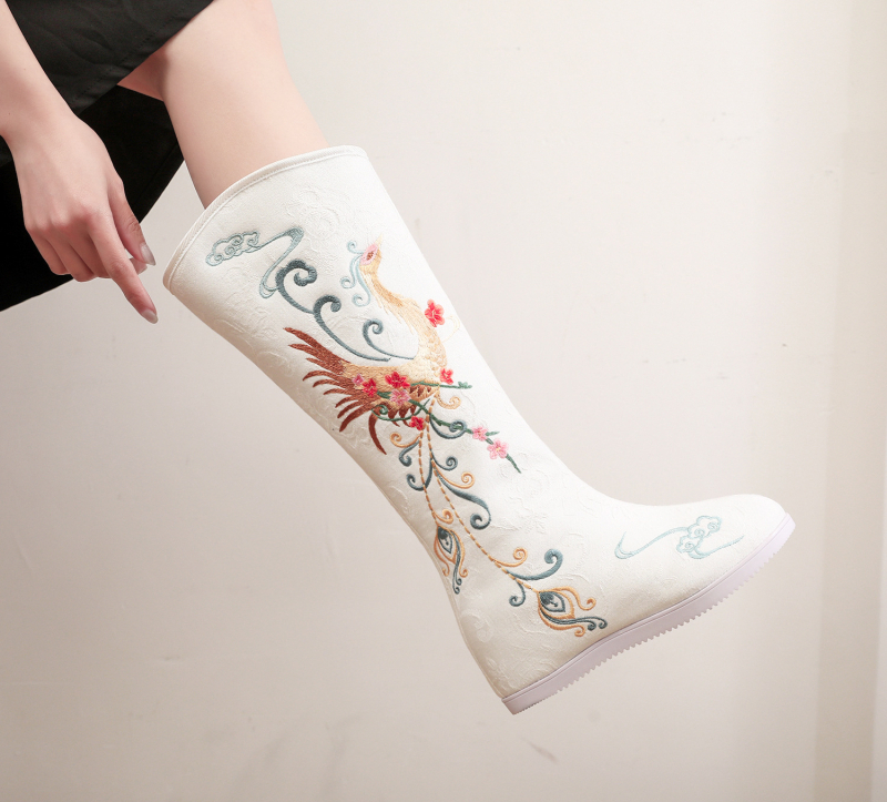 Дълги ботуши от плат с бродерия, етнически стил, страничен цип, подплата от памук, висока горна част