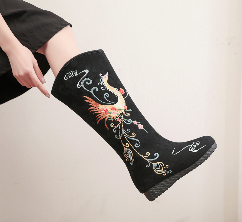 Дълги ботуши от плат с бродерия, етнически стил, страничен цип, подплата от памук, висока горна част