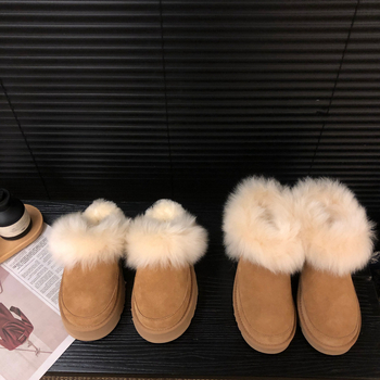 Дамски снежни обувки с пухкав връх и подплата от овча вълна, дебела подметка EVA, Зима 2025