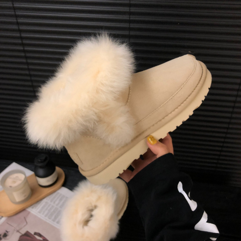 Дамски снежни обувки с пухкав връх и подплата от овча вълна, дебела подметка EVA, Зима 2025