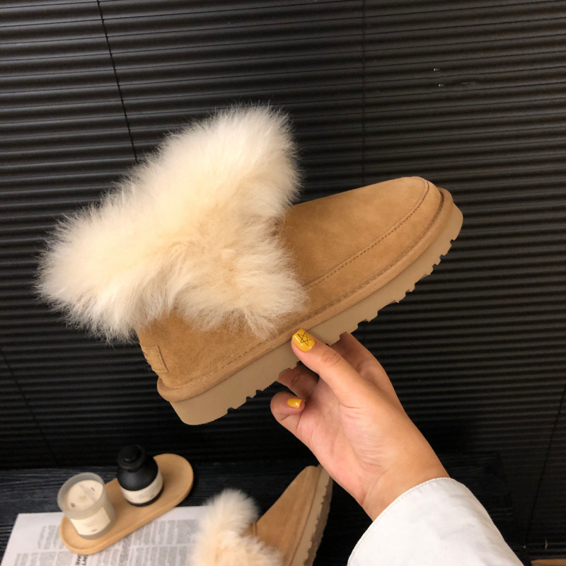 Дамски снежни обувки с пухкав връх и подплата от овча вълна, дебела подметка EVA, Зима 2025