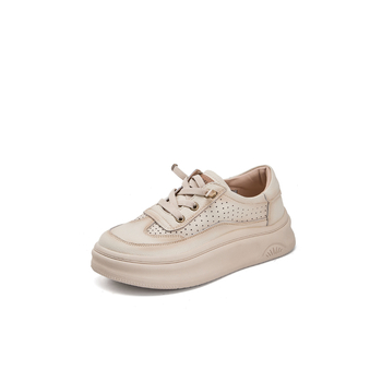 Дамски спортни обувки за ежедневието с кръгла носка, кожен горен слой, средна височина на горната част, връзки, дишаща гумена подметка