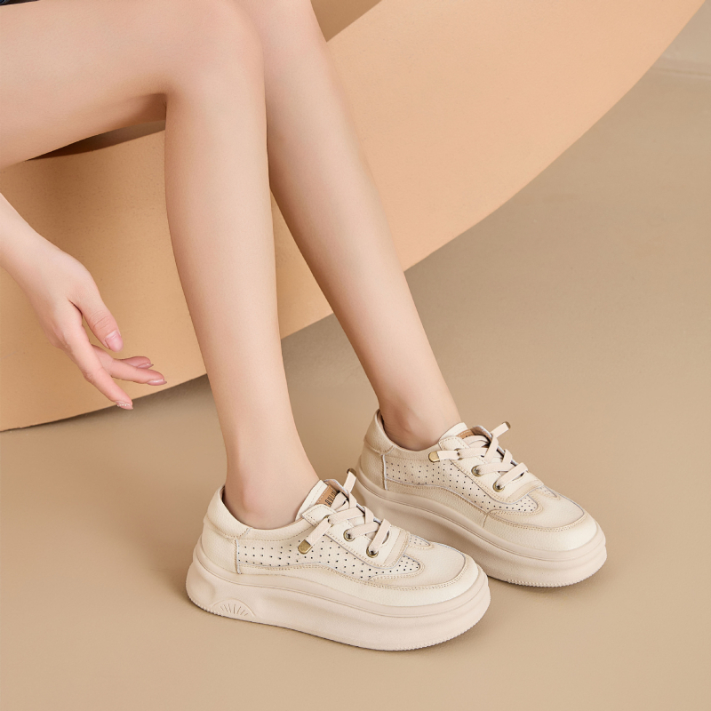 Дамски спортни обувки за ежедневието с кръгла носка, кожен горен слой, средна височина на горната част, връзки, дишаща гумена подметка