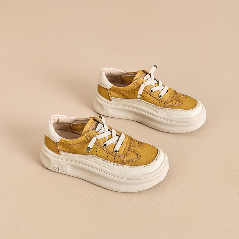 Дамски спортни обувки за ежедневието с кръгла носка, кожен горен слой, средна височина на горната част, връзки, дишаща гумена подметка