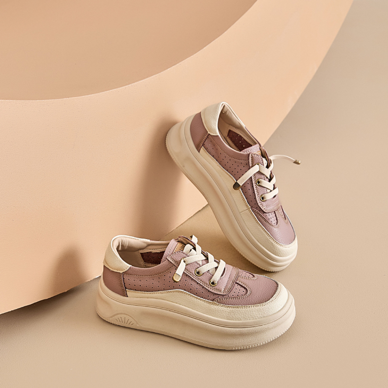 Дамски спортни обувки за ежедневието с кръгла носка, кожен горен слой, средна височина на горната част, връзки, дишаща гумена подметка