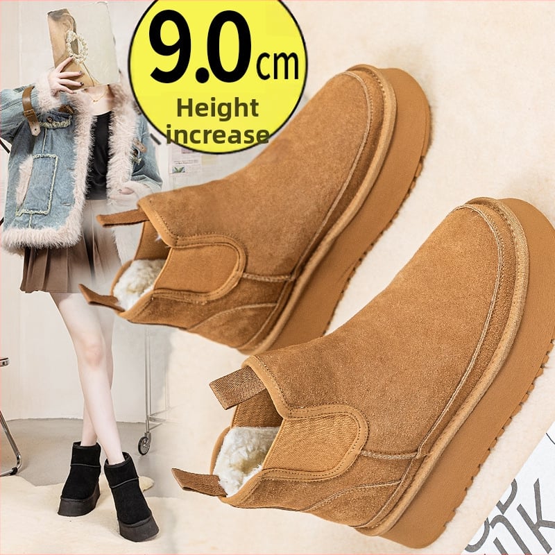 Ženske Chelsea zimske čizme s 9 cm unutarnjim povećanjem visine, mat gornji dio od teleće kože, unutarnja umjetna baršunasta podstava, debeli potplat, protuklizne