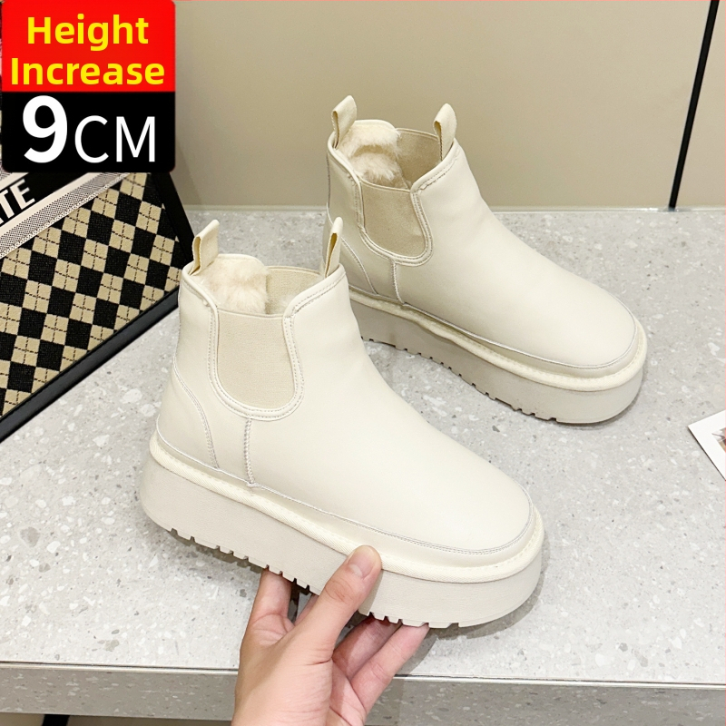 Ženske Chelsea zimske čizme s 9 cm unutarnjim povećanjem visine, mat gornji dio od teleće kože, unutarnja umjetna baršunasta podstava, debeli potplat, protuklizne