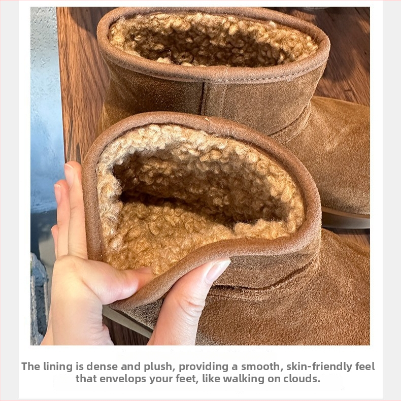 Ženske čizme za snijeg od prave kože s imitacijom vunom, zima 2025, srednja visina čizme, potplat od prirodnog kaučuka, ravna potpetica