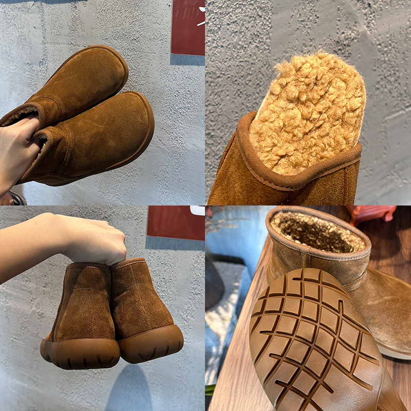 Ženske čizme za snijeg od prave kože s imitacijom vunom, zima 2025, srednja visina čizme, potplat od prirodnog kaučuka, ravna potpetica