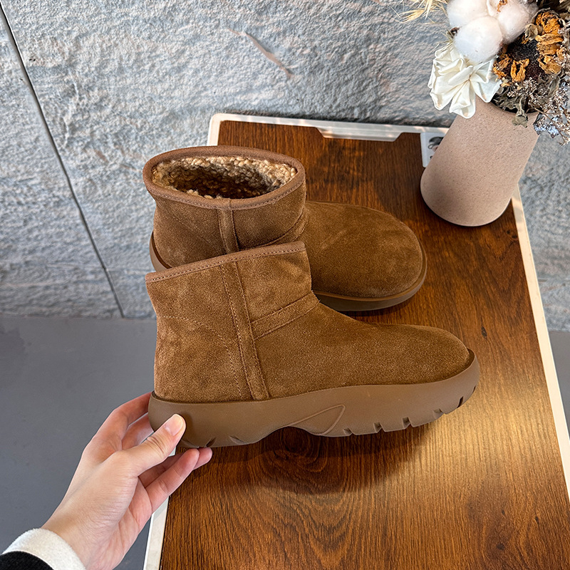 Ženske čizme za snijeg od prave kože s imitacijom vunom, zima 2025, srednja visina čizme, potplat od prirodnog kaučuka, ravna potpetica
