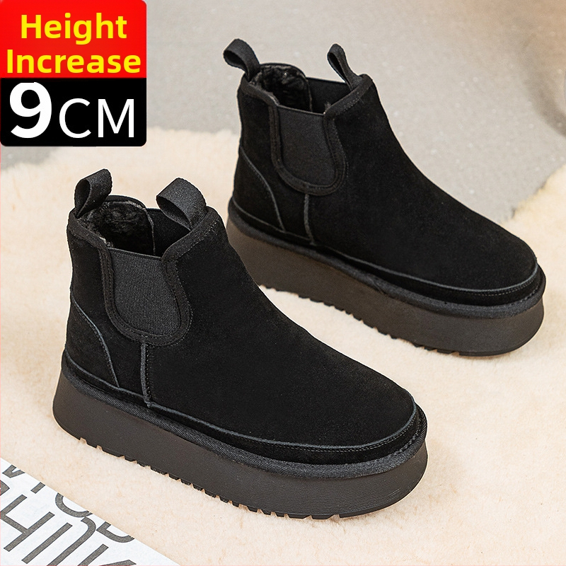 Chelsea zimné topánky pre ženy s vnútorným zvýšením výšky o 9 cm, matná hovädzia koža na vrchu, podšívka z umelej zamatovej látky, podrážka TPR, vodotesné