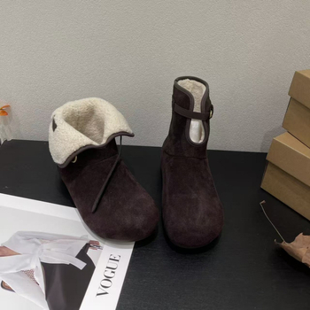 Дамски кожени ботуши със средна височина, повдигащ дизайн, подплатени с изкуствен плюш, зимни, гумена подметка