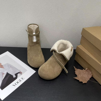 Дамски кожени ботуши със средна височина, повдигащ дизайн, подплатени с изкуствен плюш, зимни, гумена подметка