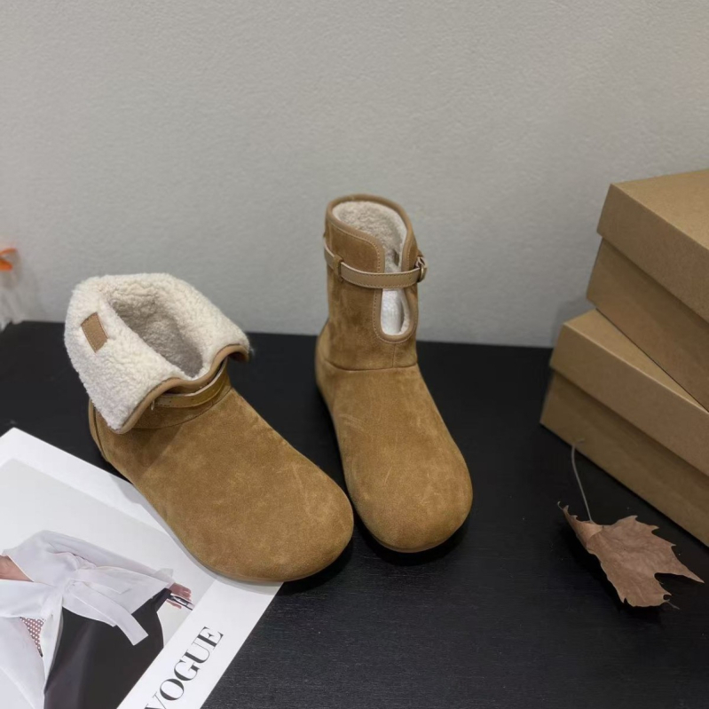 Дамски кожени ботуши със средна височина, повдигащ дизайн, подплатени с изкуствен плюш, зимни, гумена подметка