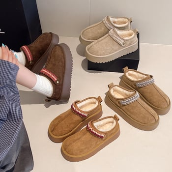 Ženské snehové čižmy s etnickou výšivkou, hrubá podrážka, teplá plyšová výstelka, slip-on, protišmyková gumová podrážka