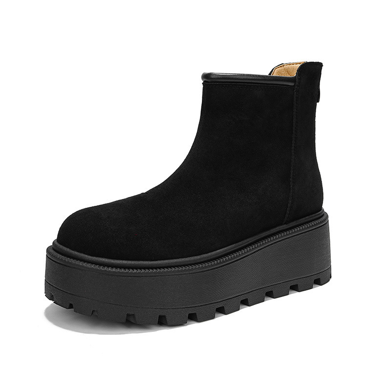 Снежни ботуши със набук кравешка кожа, топла подплата от флис, предно връзване, гумена подметка с дебел 5 см ток