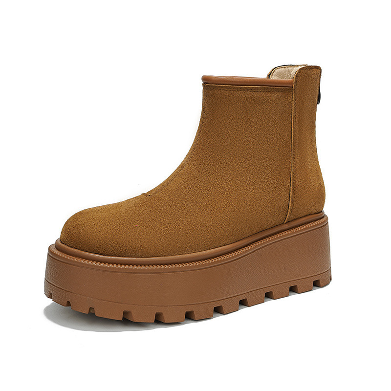 Снежни ботуши със набук кравешка кожа, топла подплата от флис, предно връзване, гумена подметка с дебел 5 см ток