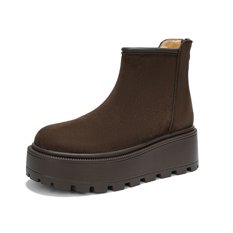 Снежни ботуши със набук кравешка кожа, топла подплата от флис, предно връзване, гумена подметка с дебел 5 см ток