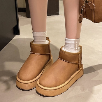 Дамски снежни ботуши с подплата от пух, набук горна част, дебела платформа, средна височина на ботуша, кръгла носка