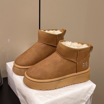 Дамски снежни ботуши с подплата от пух, набук горна част, дебела платформа, средна височина на ботуша, кръгла носка