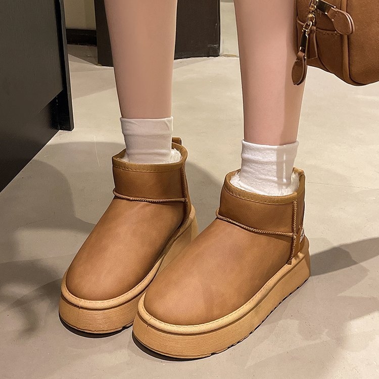 Дамски снежни ботуши с подплата от пух, набук горна част, дебела платформа, средна височина на ботуша, кръгла носка