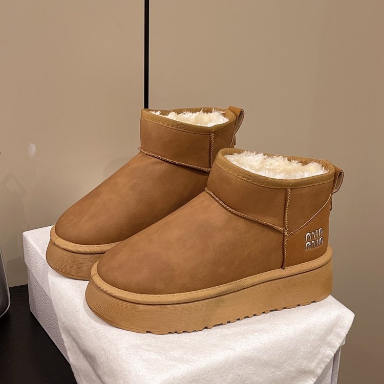 Дамски снежни ботуши с подплата от пух, набук горна част, дебела платформа, средна височина на ботуша, кръгла носка