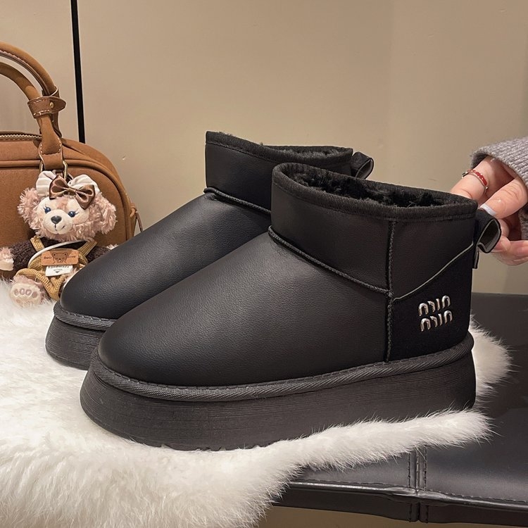 Дамски снежни ботуши с подплата от пух, набук горна част, дебела платформа, средна височина на ботуша, кръгла носка
