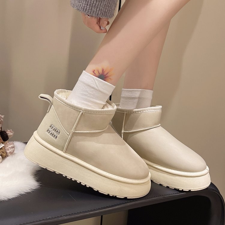 Дамски снежни ботуши с подплата от пух, набук горна част, дебела платформа, средна височина на ботуша, кръгла носка