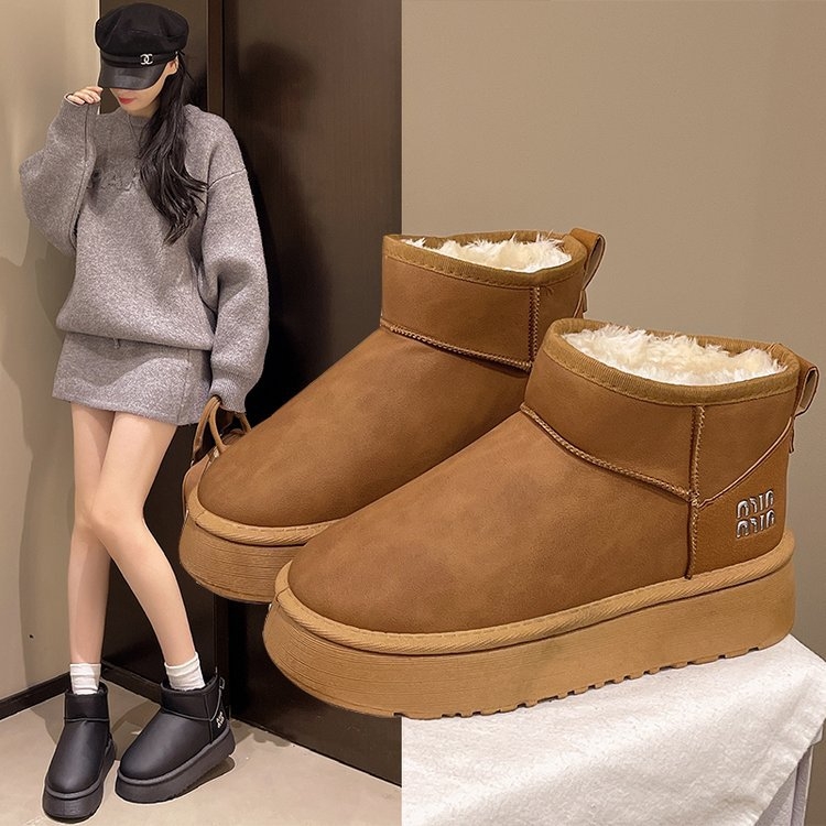 Дамски снежни ботуши с подплата от пух, набук горна част, дебела платформа, средна височина на ботуша, кръгла носка