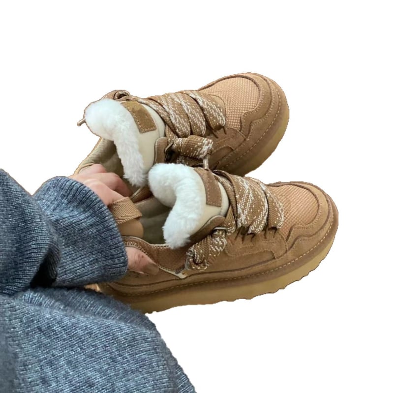 Cizme de zăpadă cu partea superioară integrată din blană și PU, șireturi frontale, talpă din cauciuc, căptușeală din blană artificială