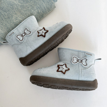 Снежни обувки за жени - велурена горна част, принт със звезди, памучна подплата, плоска подметка, зима 2025
