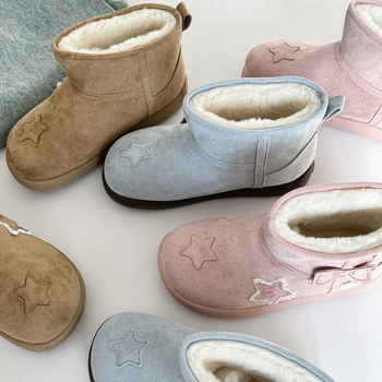 Снежни обувки за жени - велурена горна част, принт със звезди, памучна подплата, плоска подметка, зима 2025