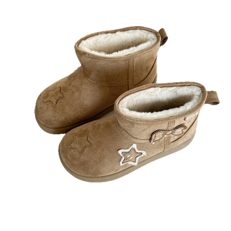 Снежни обувки за жени - велурена горна част, принт със звезди, памучна подплата, плоска подметка, зима 2025