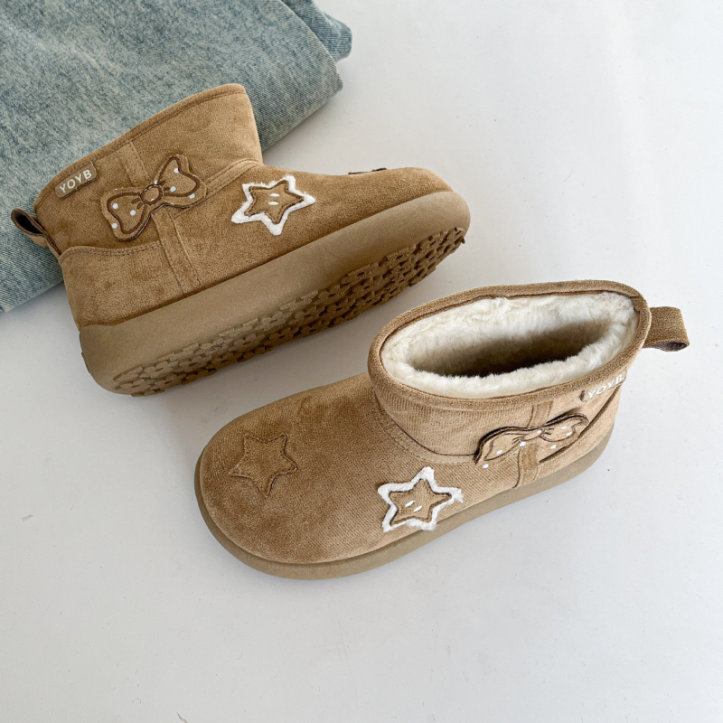 Снежни обувки за жени - велурена горна част, принт със звезди, памучна подплата, плоска подметка, зима 2025